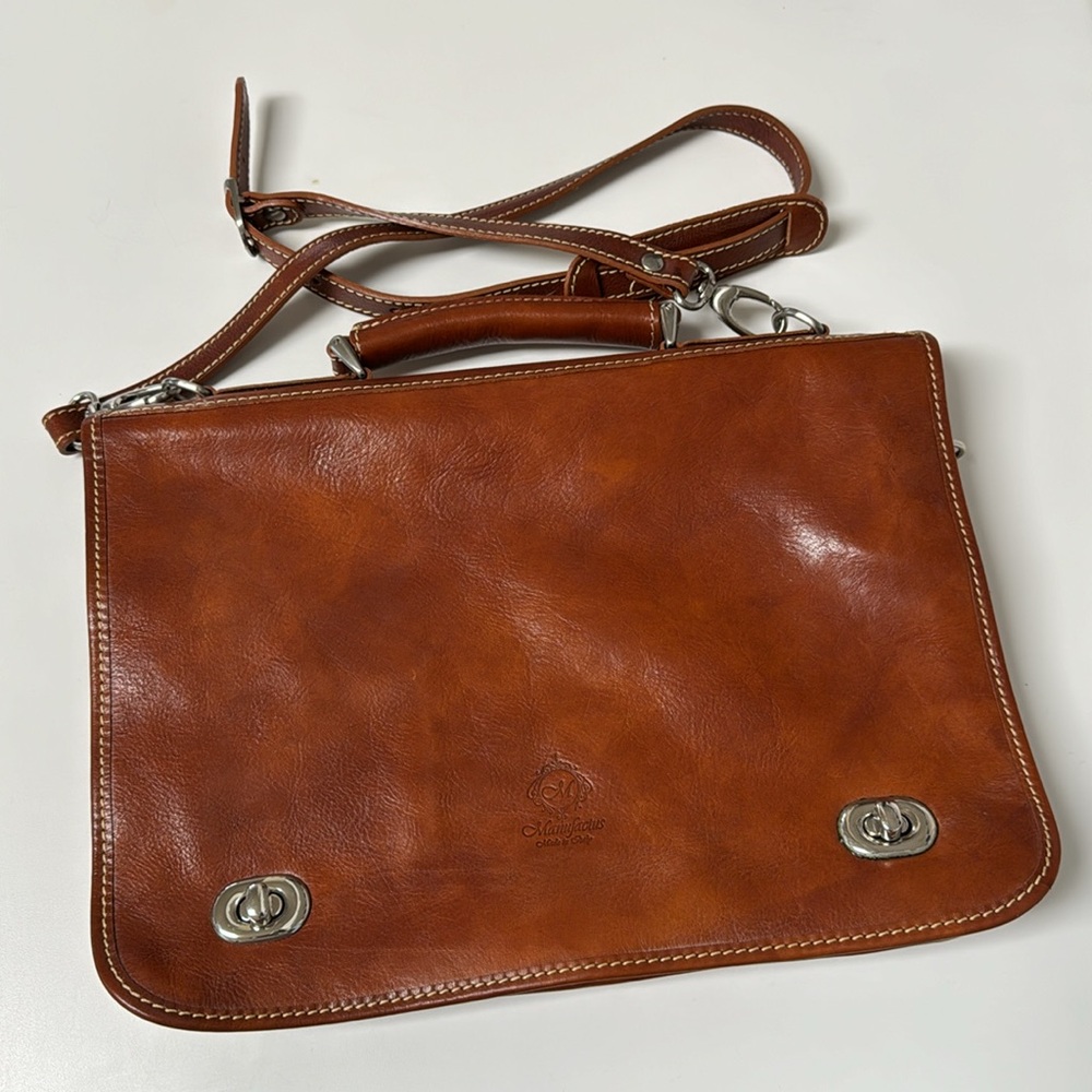 Manufactus Full Grain CalfSkin Italian Leather Slim Briefcase Brown Luxury